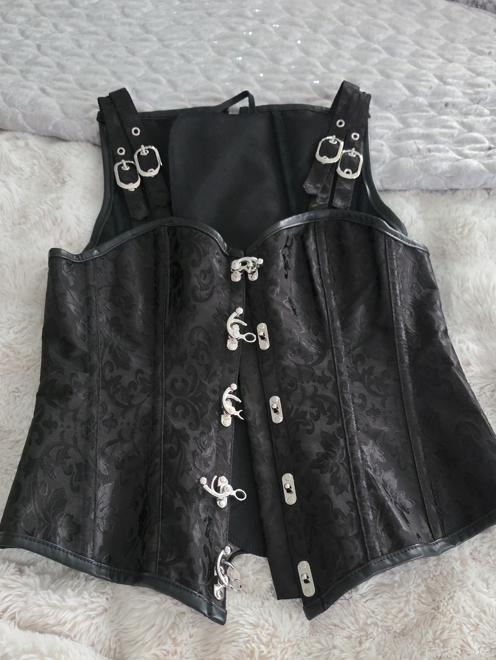 Black Brocade Steel-Boned Corset with Silver Hardware